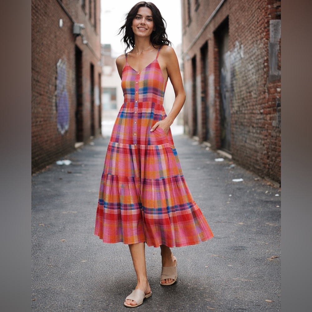 Evereve Pink & Orange Plaid Tiered Midi Dress with Blue Accents